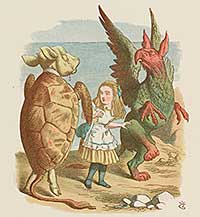 Tenniel illustration of Alice in Wonderland with the mock turtle