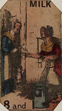 Playing card showing a woman buying milk