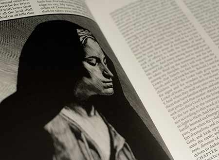 Close up of a black and white illustration of a woman