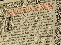 Close up of ornate text from 'A note by William Morris'