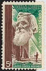 Stamp showing John Muir's head and redwoods
