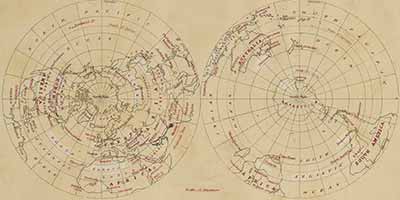 Two circular maps of the world, from each pole
