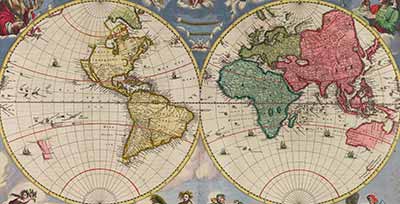 A world map showing countries on two circular maps