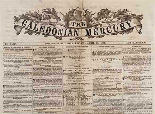 Masthead and notices of the Caledonian Mercury newspaper