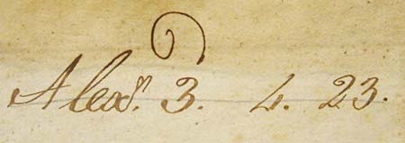 Handwritten shelfmark 'Alex.3.4.23'