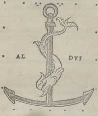 Engraving of an anchor and dolphin