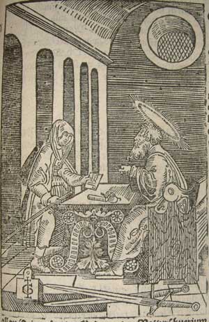 Woodcut showing a saint seated at table