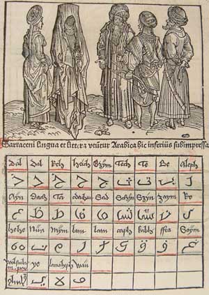 Drawing of group of Saracens with table showing alphabet
