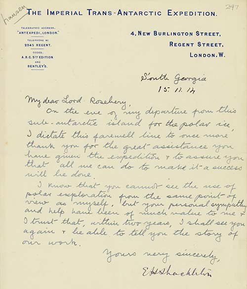 Handwritten letter from Shackleton to Lord Rosebery