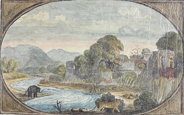 River scene with temple and animals