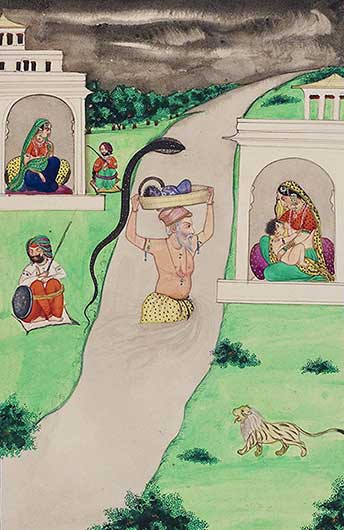 Krishna being carried across a river