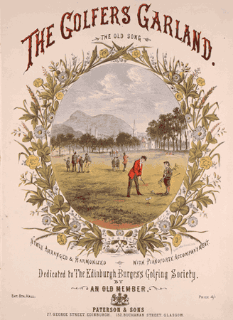 Page with watercolour illustration of men golfing