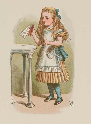Alice holding a bottle labelled 'Drink me'