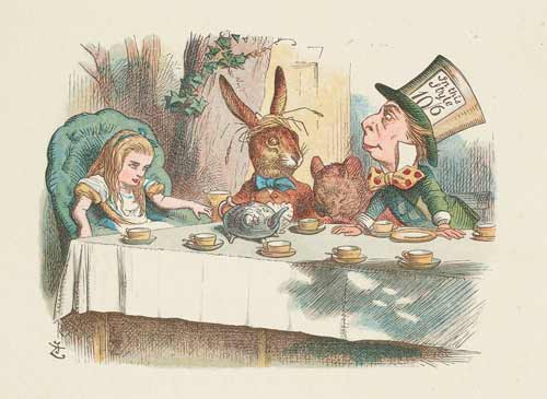 Alice, the March Hare, the Dormouse and the Hatter at the mad tea party