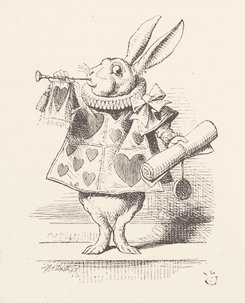 Black and white illustration of the white rabbit blowing a fanfare