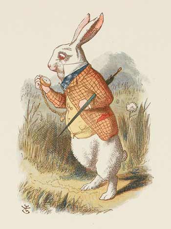 Colour illustration of the white rabbit checking his watch