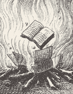 Engraving of books falling on to a fire