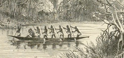 Engraving of river scene with men in boat