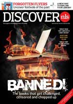 Magazine cover showing 'Banned' book and flames