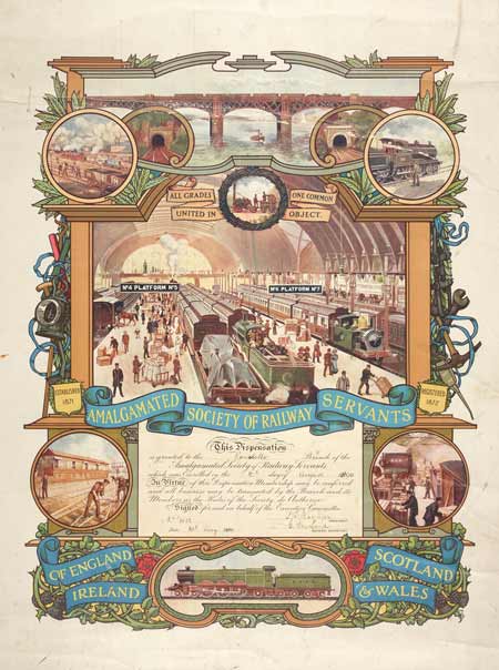 Poster showing railway station and groups of railway workers