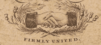 Illustration of two hands shaking with 'Firmly united' written below