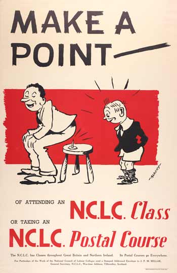 Poster saying 'Make a point' with cartoon of man about to sit on a tack
