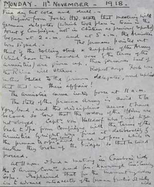 Handwritten diary page for 11 November 1918