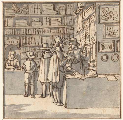 Engraving of a 17th-century-bookshop © Rijksmuseum