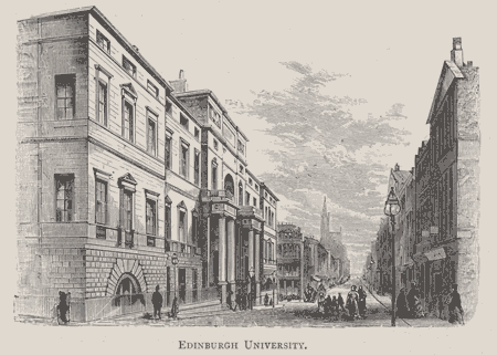 Illustration of street and university library building