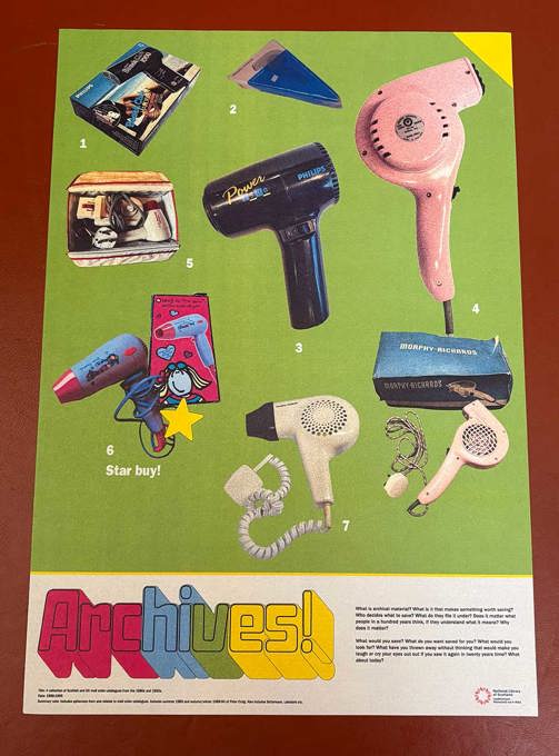 1980s style hairdryers sit on a green background above the word 'Archives' in colourful lettering.