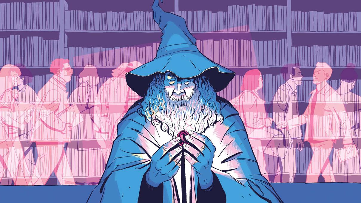 Merlin holds something that is glowing and lighting up his face. Behind him are bookshelves and transparent people walking by.