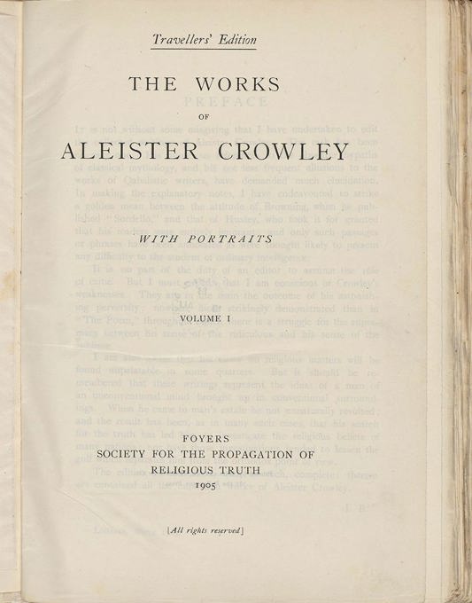 A title page showing the text 'The works of Aleister Crowley with portraits - volume 1'. 