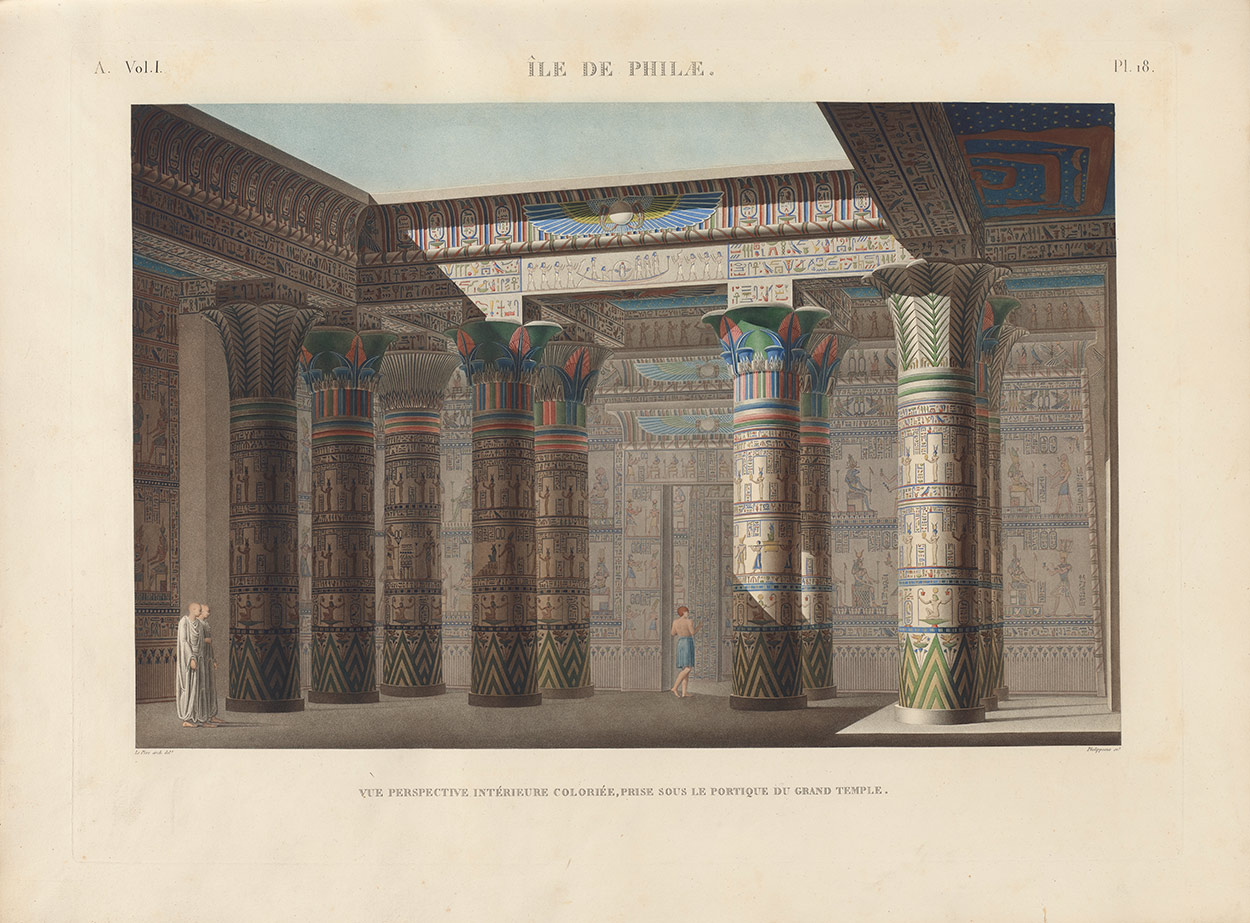 Engraving showing monumental columns in a temple decorated with scenes of Egyptian religious rites.