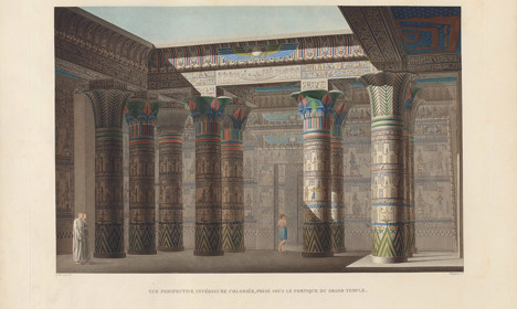 Engraving showing monumental columns in a temple decorated with scenes of Egyptian religious rites.
