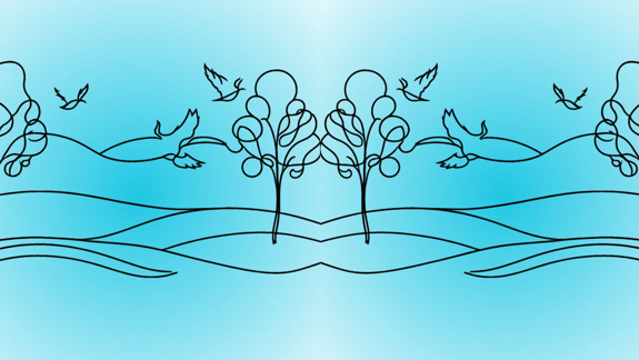 Line drawing of birds and trees.