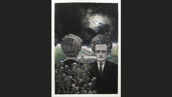 A drawing of a man facing forward and back in the moonlight with thistles around him.