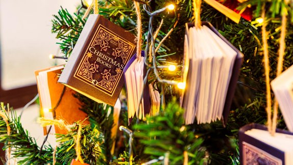 Book decorations on a Christmas tree.