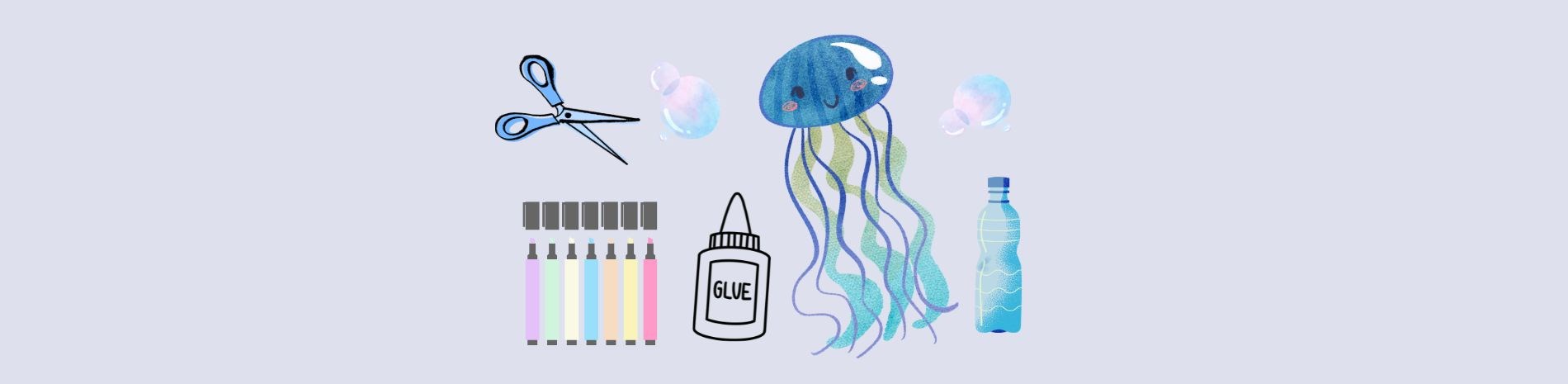 Illustrated image of jellyfish and craft supplies on a pale blue background