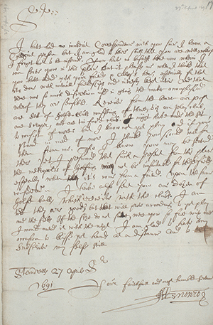 Handwritten letter dated 27 April 1691, signed by H. Newton, on aged paper.
