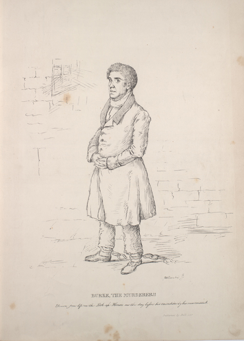 A sketch of William Burke standing in a jail cell. Titled "Burke, the murderer!! Drawn from life in the lock-up-house on the day before his execution by his own consent".
