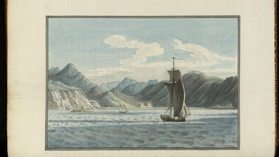 A watercolour painting of two sail boats on the coast of Glenelg in 1772 by Moses Griffith.