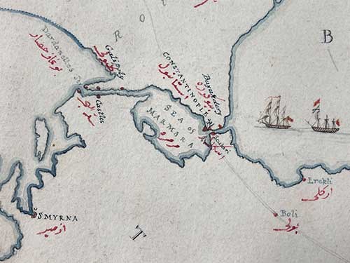 Detail of a hand-drawn map of Turkey and its frontiers