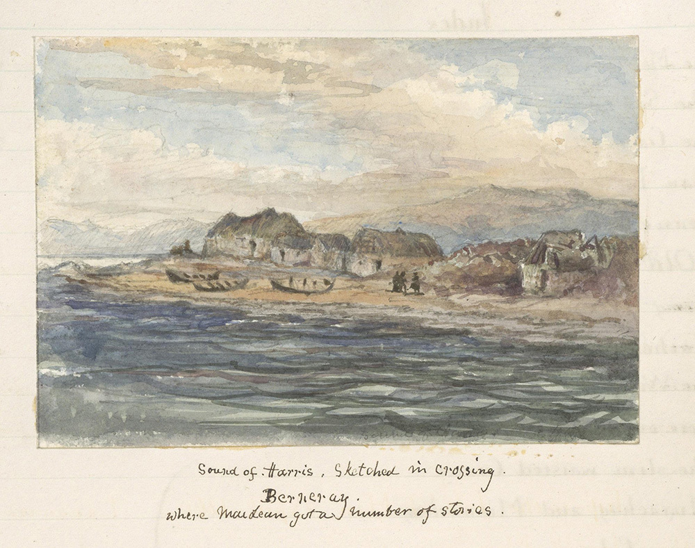 A watercolour of boats and people on a beach with some houses behind them.
