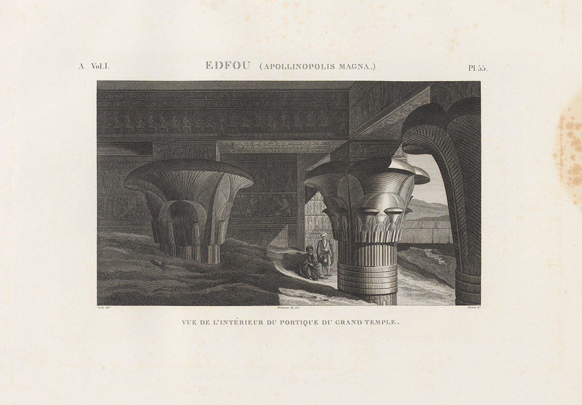 Engraving of the interior of a temple, showing towering columns, carved walls and sand-filled passageways.