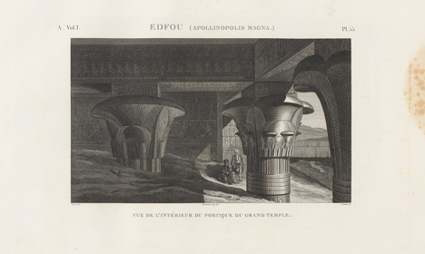 Engraving of the interior of a temple, showing towering columns, carved walls and sand-filled passageways.
