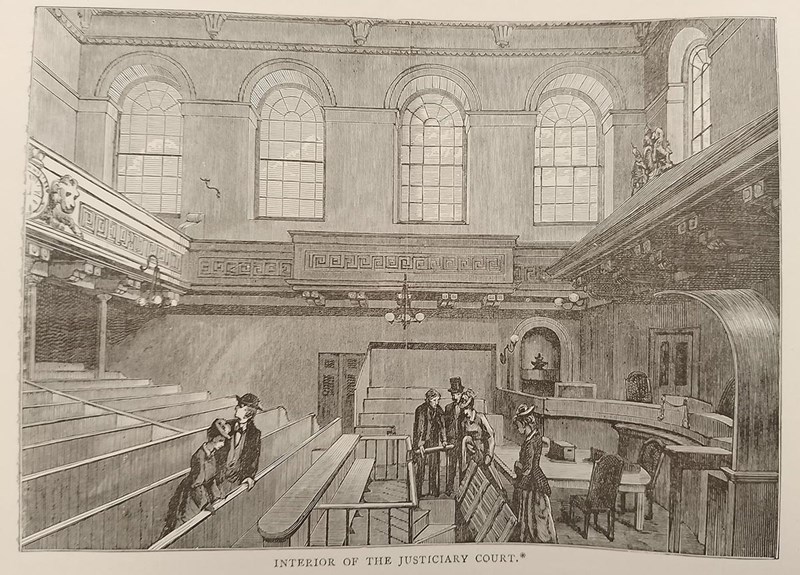 An illustrated scene of the interior of a judiciary court, featuring a spacious hall with high ceilings and tall arched windows. Wooden benches and desks fill the room, where formally dressed men in suits and top hats, along with women in long dresses, are seen conversing or observing the setting.