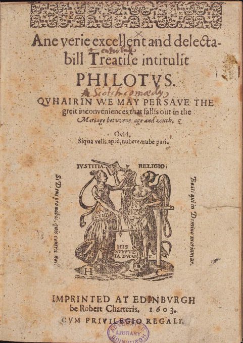 Title page of 'Philotus', featuring an illustration of two figures labeled "Justice" and "Religion," with Latin text and a quote from Ovid. The page notes it was printed in Edinburgh by Robert Charteris and includes a library stamp.