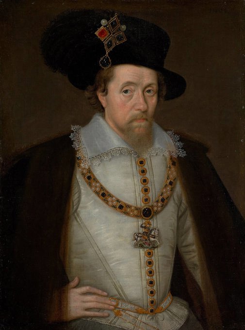 A painted portrait of a man wearing 16th century clothing, including a hat with a jewel and a cloak with an ornate gold chain.