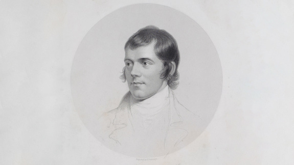 A historical sketch of Robert Burns in a circular frame.