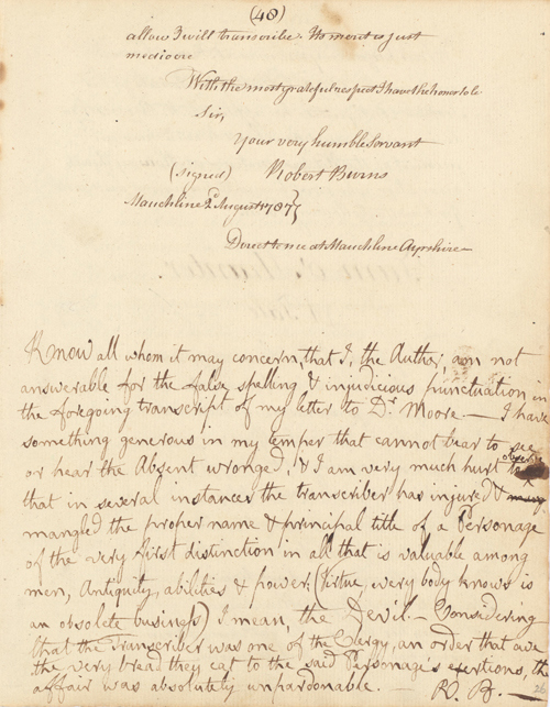 A handwritten letter from Robert Burns.